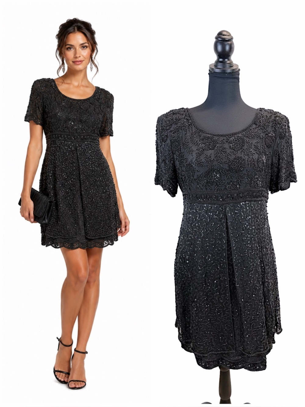 Vintage Laurence Kazar Black Silk Beaded Sequin Cocktail Dress M Art Deco Glam